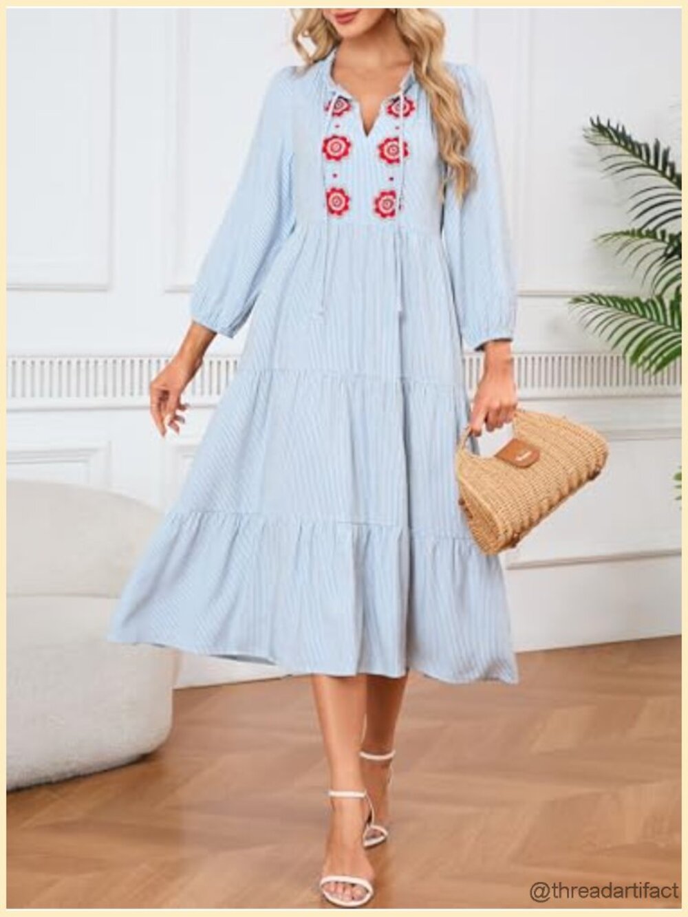 Striped Maxi Dress Tie Neck Floral Embroidery Flowy Tiered Boho Long Dress with - Picture 3 of 6